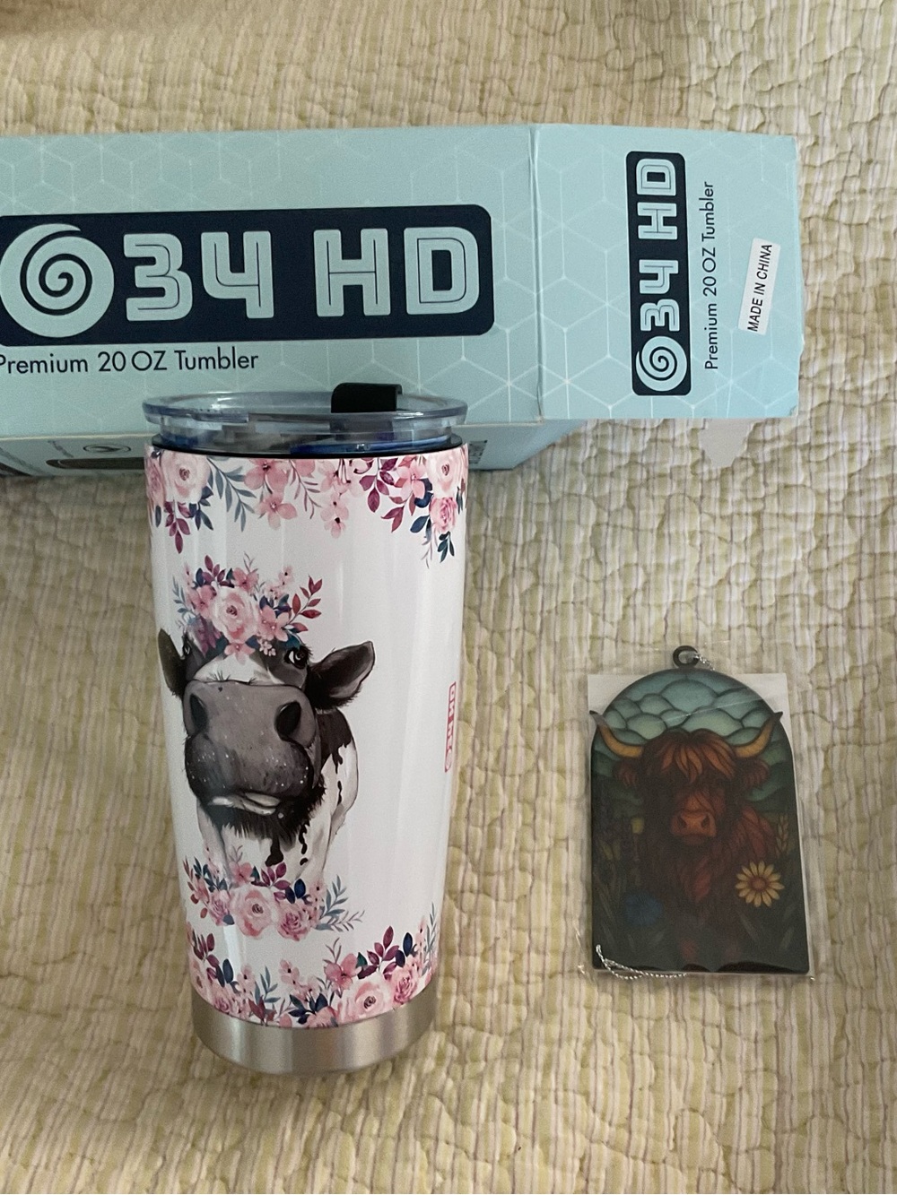 20oz Floral Cow Tumbler - White with Pink Floral and Cow light catcher